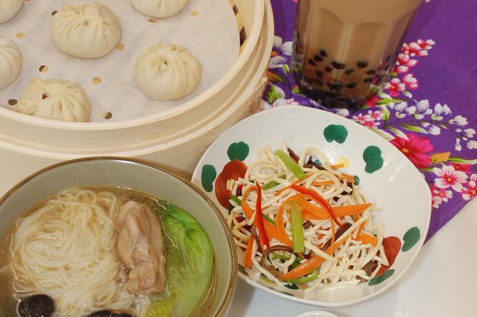 Taiwan Traditional Delicacies Experience, Xiao Long Bao, Chicken vermicelli with mushroom and sesame oil, Tofu strips salad, Bubble milk tea. - A strong choice for families