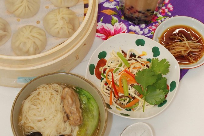 Xiao Long Bao, Chicken vermicelli with mushroom and sesame oil, Tofu strips salad, Bubble milk tea. Taiwan Traditional Delicacies Experience-A (Taipei Cooking Class) - Finding the studio on Guangfu South Road